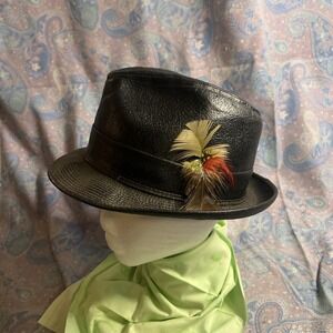 Vintage United Hatters Cap  Leather Fedora Hat Feathered Please Read Description